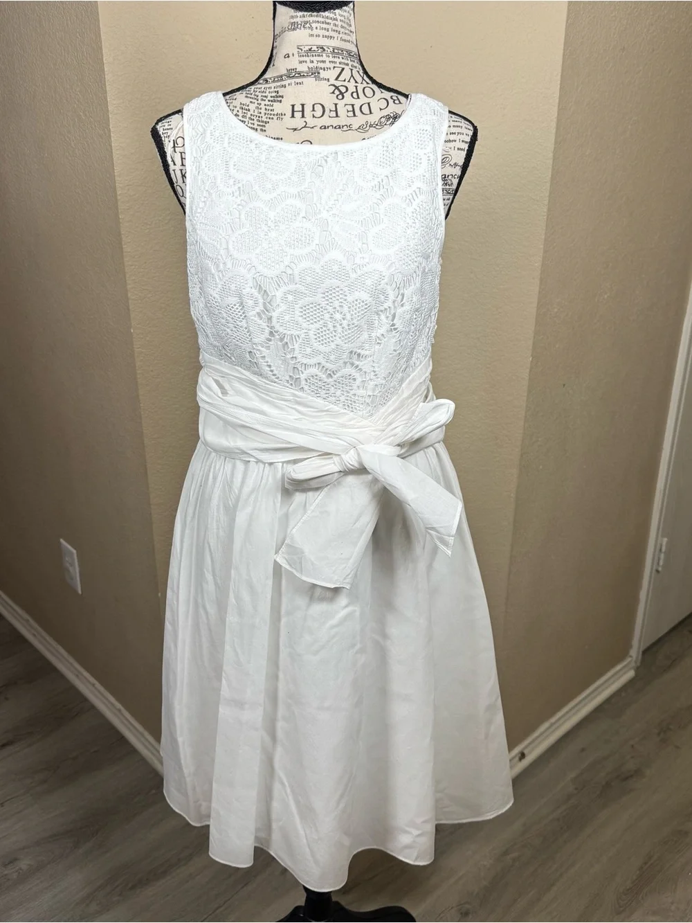 Adrianna Papell White Lace Bodice Midi Dress with Waist Tie - Picture 1 of 9